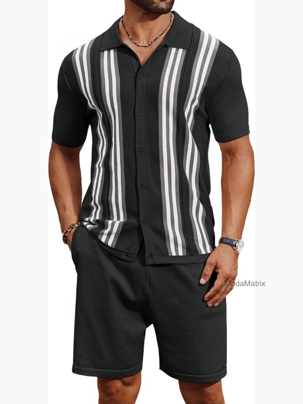 Men's 2 Piece Knit Short Set Vintage Button Down Shirt Short Sleeve Beach Suit